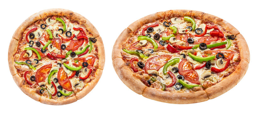 Delicious vegetarian pizza with tomatoes, mushrooms, mozzarella, peppers and olives, cut out