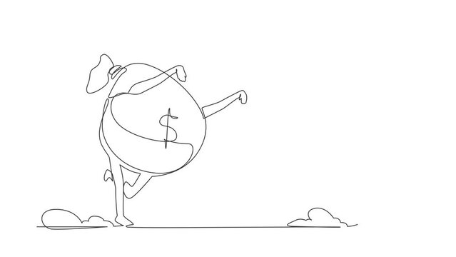 Self drawing animation of single line draw Arab businesswoman being chased by money bag. Female worker hurry in achieving wealth goals. Minimal metaphor concept. Continuous line. Full length animated