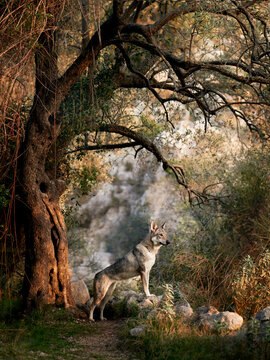 Czechoslovakian wolfdog in the olive trees. A beautiful dog that looks like a wolf in nature. Pet in the woods