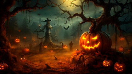Fototapeta na wymiar Dark halloween background with pumpkins. Generative AI,
