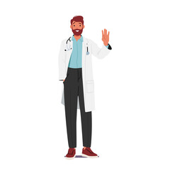 Confident Male Doctor Character Wear Lab Coat Standing With A Friendly Waving Hand Gesture, Exuding Professionalism © Anna Syvak