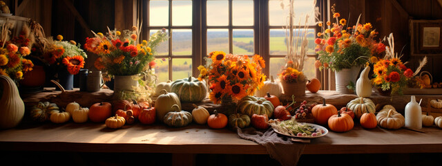 celebration harvest abundance pumpkin flower arrangements on the table in a cozy country room. Generative AI, - obrazy, fototapety, plakaty