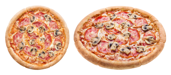 Delicious pizza with mushrooms, mozzarella, tomato sauce and ham, cut out