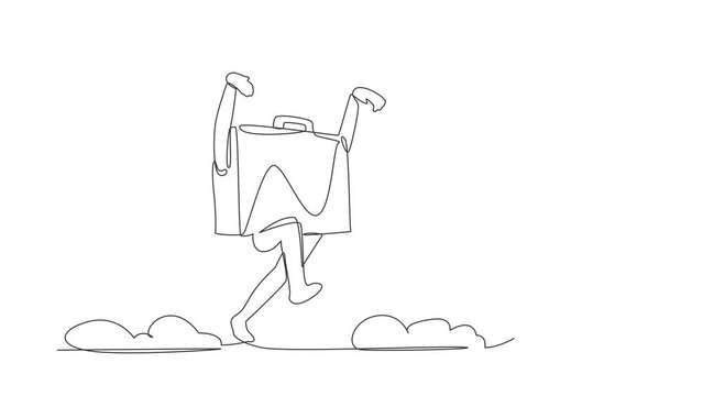 Animated self drawing of continuous line draw fright Arabian businesswoman being chased by briefcase. Female employee afraid with evaluation of project performance. Full length one line animation