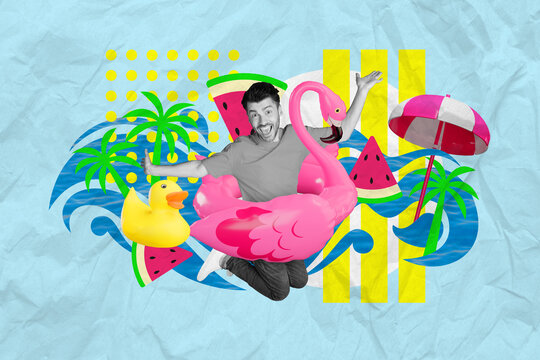 Artwork collage picture of black white effect carefree guy fly inflatable flamingo ring sun parasol ocean rubber duck watermelon isolated on paper background