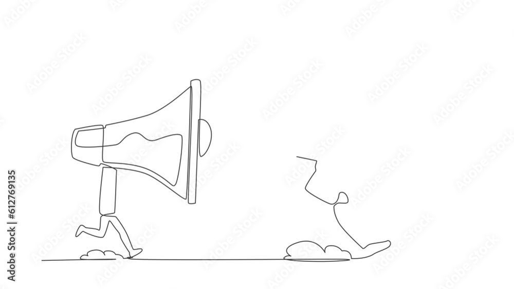 Poster animated self drawing of continuous one line draw robot being chased by megaphone. robot in loud scr