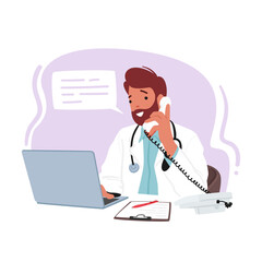 Professional Male Doctor Character Multitasking With A Laptop And Phone, Efficiently Managing Patient Records