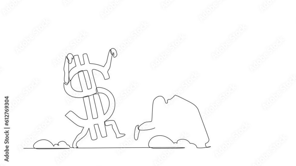 Poster animated self drawing of continuous one line draw robot being chased by dollar symbol. afraid with e