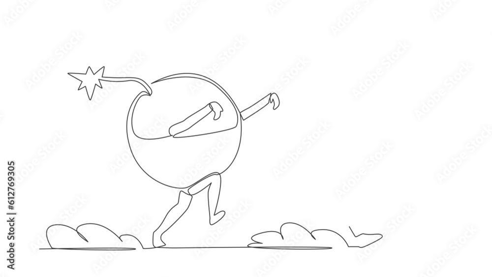 Poster self drawing animation of single line draw robot being chased by bomb. afraid with ecosystem destruc