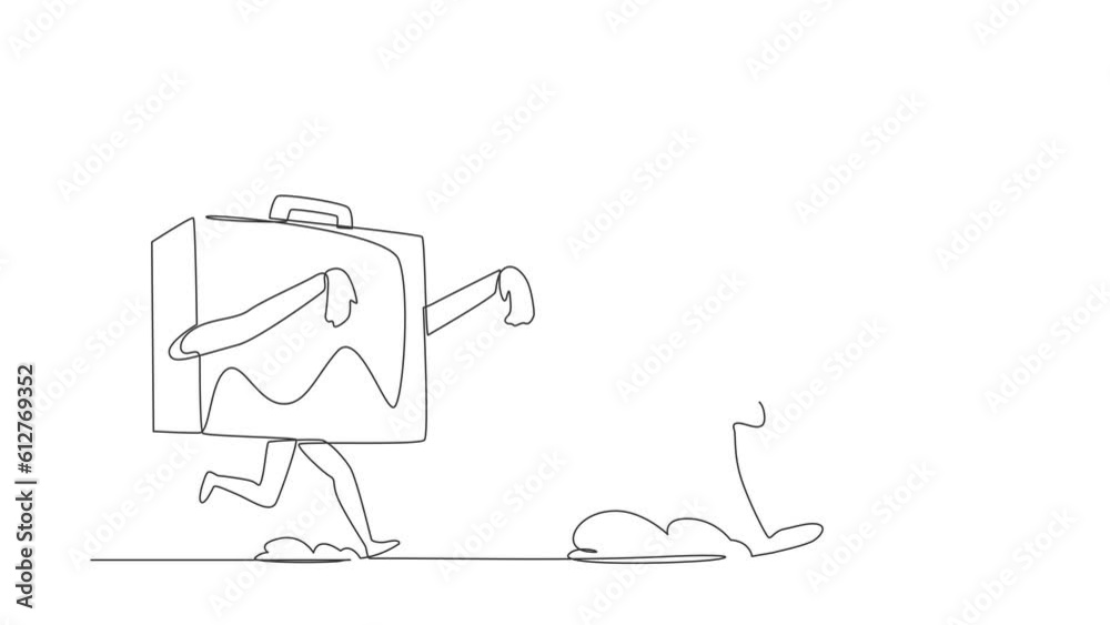 Poster animated self drawing of continuous one line draw robot being chased by briefcase. afraid with evalu