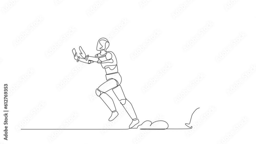 Poster animated self drawing of continuous line draw stressed robot being chased by smartphone. afraid to t