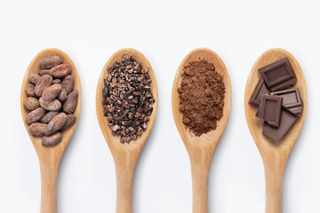 Chocolate bar, cocoa powder, cacao beans and nibs, heap in wooden spoons, chocolate background