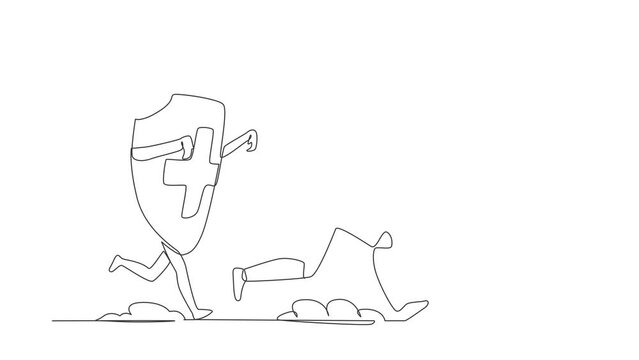 Animated self drawing of continuous one line draw robot being chased by shield. Afraid about budget increasing of healthcare. Humanoid robot cybernetic organism. Full length single line animation