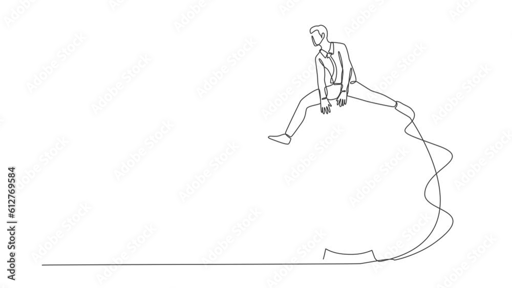 Poster animated self drawing of continuous line draw smart and happy businessman jump over time passing ala