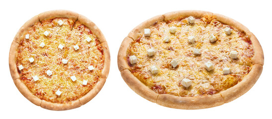 Delicious pizza with cheese: mozzarella, feta, parmesan and cheddar, cut out