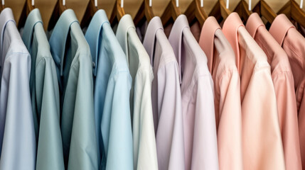 Clouse up mens shirts hanging neatly in the closet 