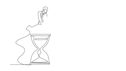 Animated self drawing of continuous one line draw businessman jump over hourglass. Time management meeting in office. Business deadline or working time efficiency. Full length single line animation - Powered by Adobe