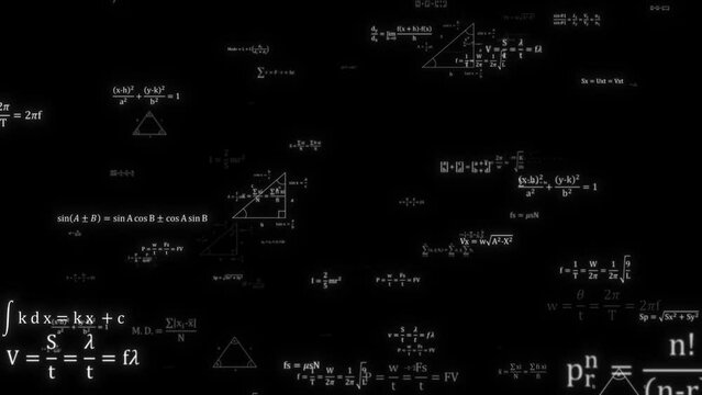 Abstract Physics equation concept, Mathematics calculation, Sciences formula, arithmetic and handwritten geometry symbol, typewriting study on black background, 3d rendering