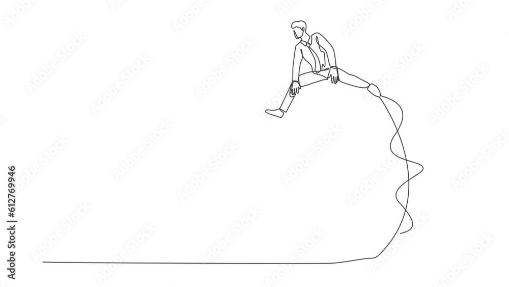Poster self drawing animation of single line draw businessman jumping over light bulb. business transformat