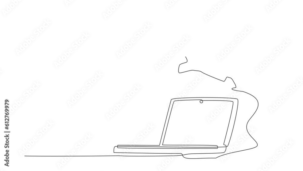Poster animated self drawing of continuous line draw businessman jumping over big laptop. information techn