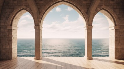 Generative AI, historic medieval stone arch windows with romantic view of sea or ocean, summer landscape background.