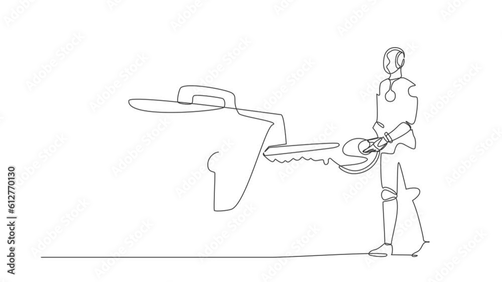 Poster self drawing animation of single line draw robot putting key into briefcase. safety bag for secret d