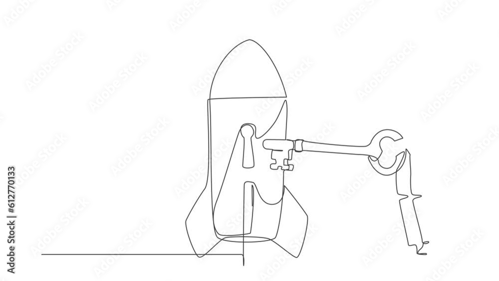 Poster animated self drawing of continuous line draw robot putting key into rocket. launching tech business
