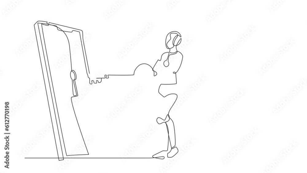 Poster animated self drawing of continuous line draw robot put key into smartphone. data for protect user f