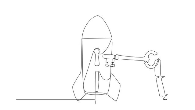 Animated self drawing of continuous line draw robot putting key into rocket. Launching tech business product. Restart business project. Robotic artificial intelligence. Full length one line animation