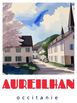 Aureilhan: Retro tourism poster with a French landscape and the headline Aureilhan / Occitanie