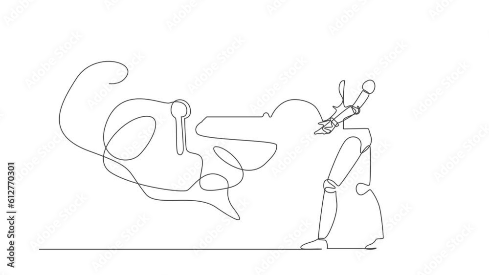 Poster animated self drawing of continuous line draw robot putting key into brain. unlock personality for b