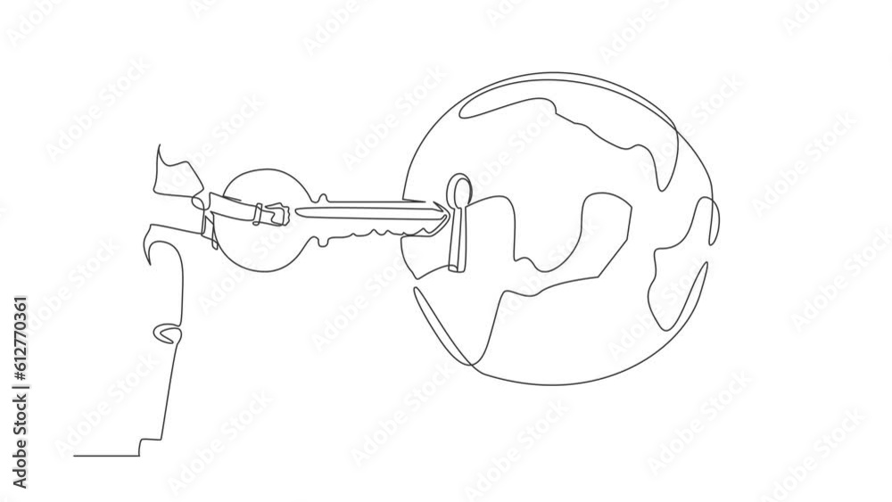 Poster animated self drawing of continuous line draw robot putting key into globe. global warming alert for
