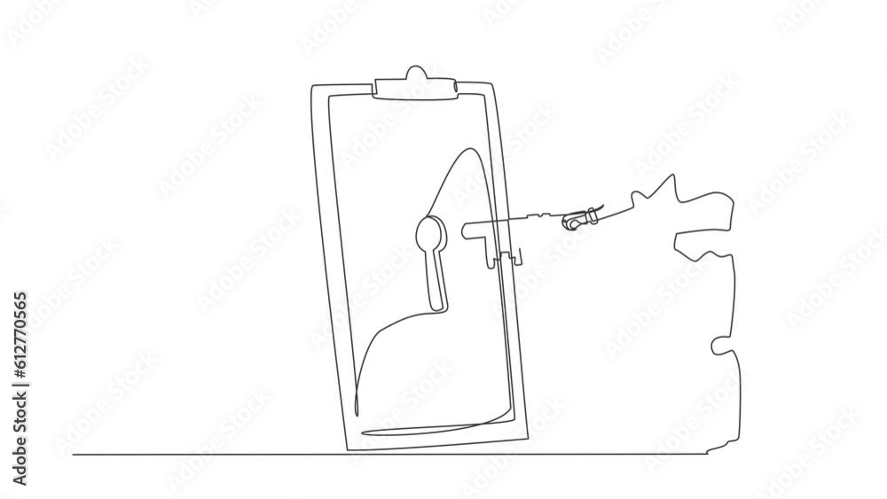 Poster self drawing animation of single line draw robot put key into clipboard. digital document or contrac