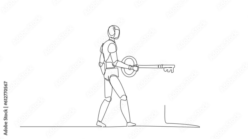 Poster self drawing animation of single line draw robot putting key into book. unlock textbook, knowledge. 