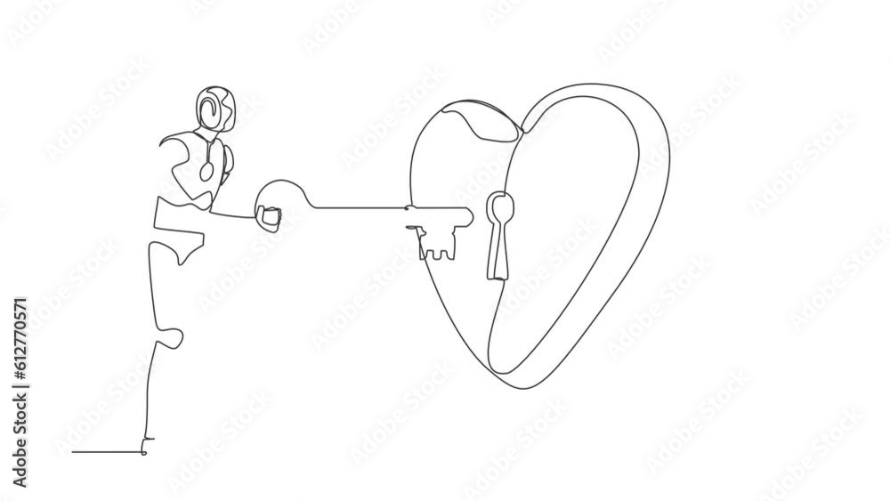 Poster animated self drawing of continuous line draw robot putting key into heart. humanoid robot try to un