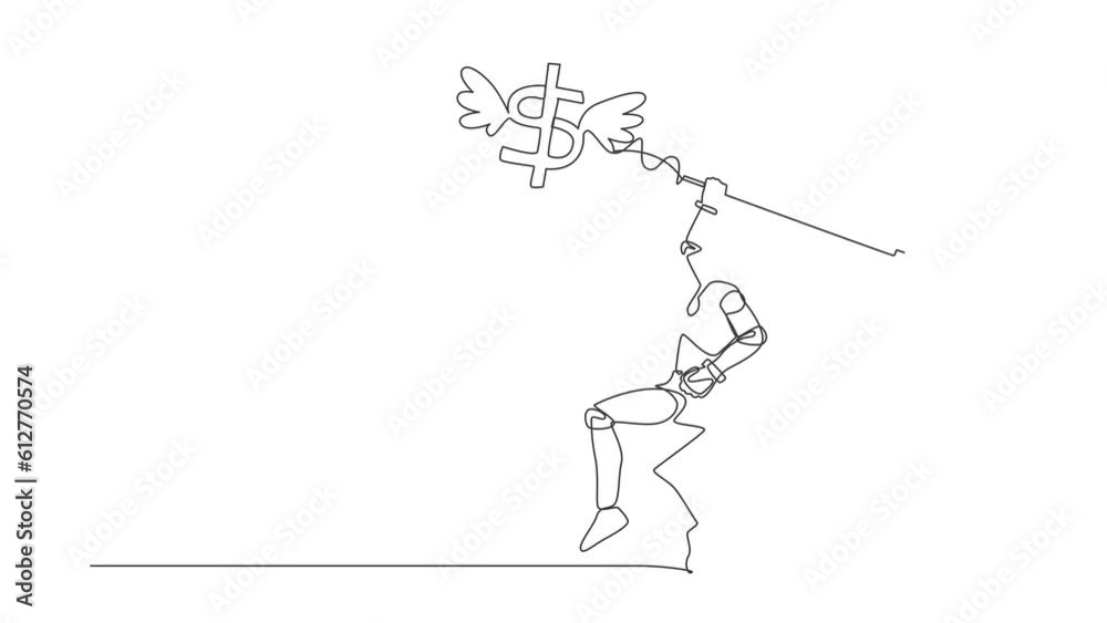 Poster animated self drawing of continuous line draw robot try to catching flying dollar sign symbol with n