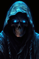 Skeleton figure with glowing blue eyes
Hooded skull with fiery blue gaze