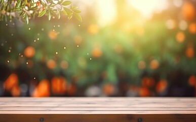 Natural Wooden Tabletop with Summer orange Garden Bokeh Background and Copy Space for Display