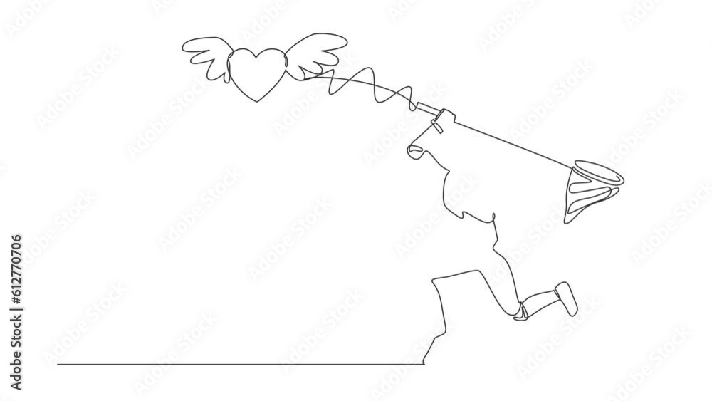 Poster self drawing animation of single line draw robot try to catching flying heart with net. love relatio