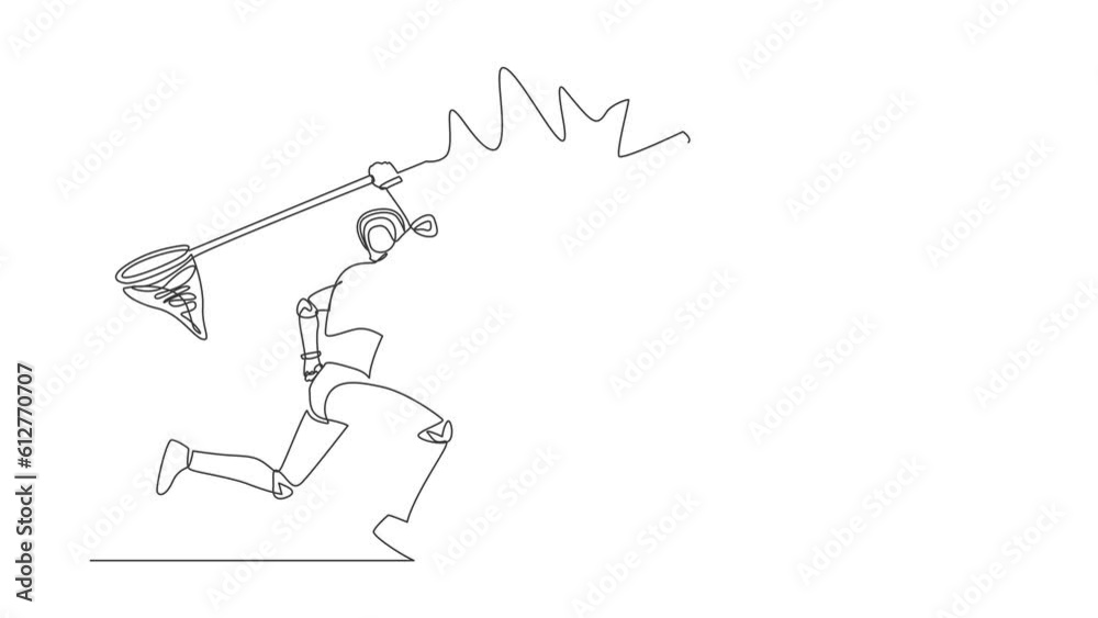 Poster animated self drawing of single continuous line draw robot try to catching flying mail with net. not