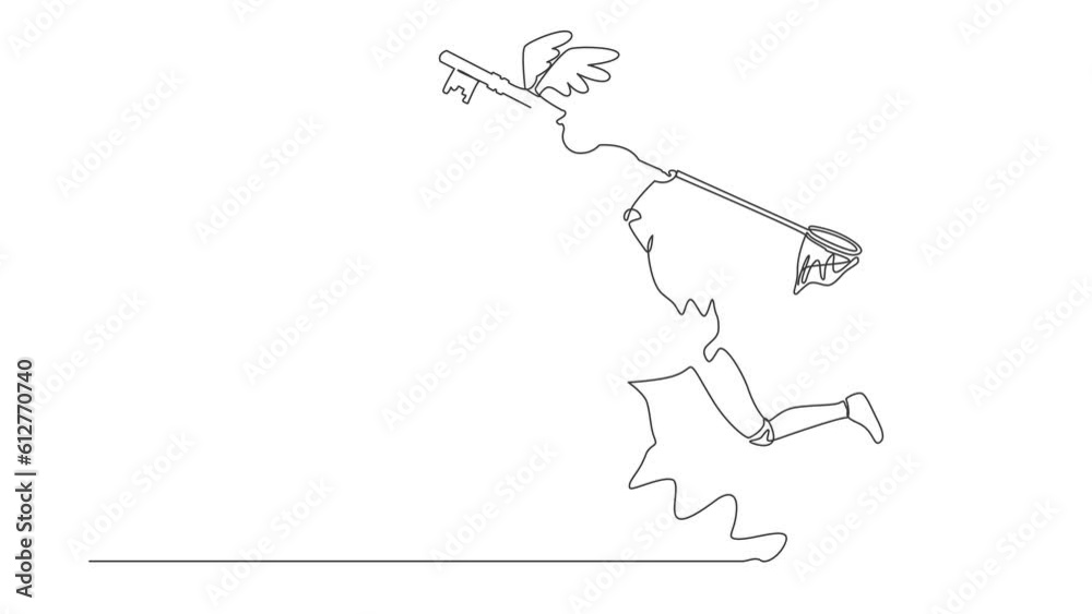 Poster animated self drawing of single continuous line draw robot try to catching flying key with net. find