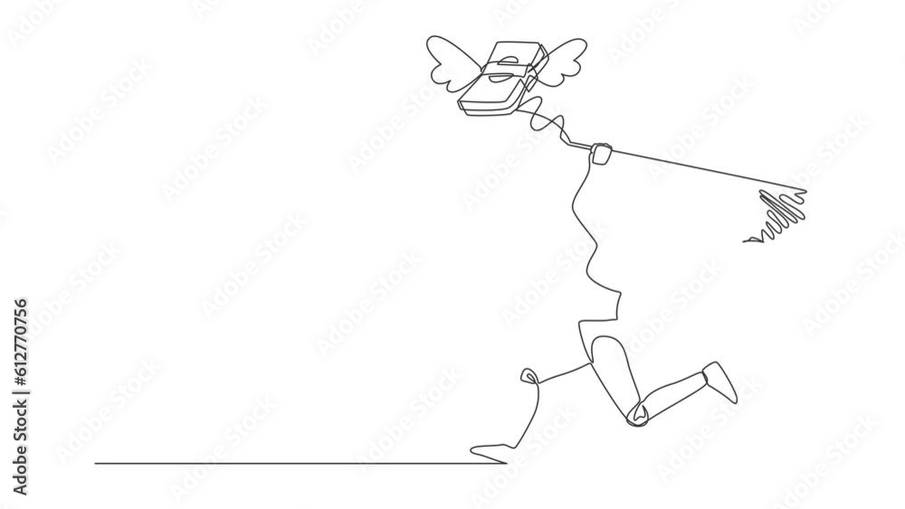 Poster animated self drawing of single continuous line draw robot try to catching flying money stacks with 