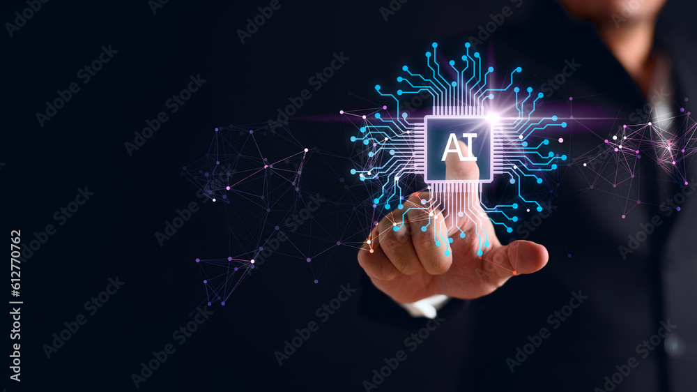 Wall mural artificial intelligence ai circuit board in shape electronic pcb circuit icon symbol on businessman 