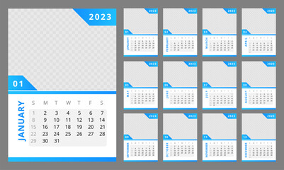 Technological in industry blue gradient wall calendar design template for 2023 year. 12 months pages set. Week starts on Sunday. Monthly custom poster pack ready for print. Open Sans font used