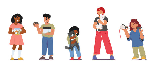 Children Characters Bonding With Their Beloved Pets, Creating Friendships. Playful Interactions and Love, Illustration