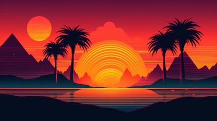 Fototapeta na wymiar Summer vibes 80s style illustration with sunset. Generative AI