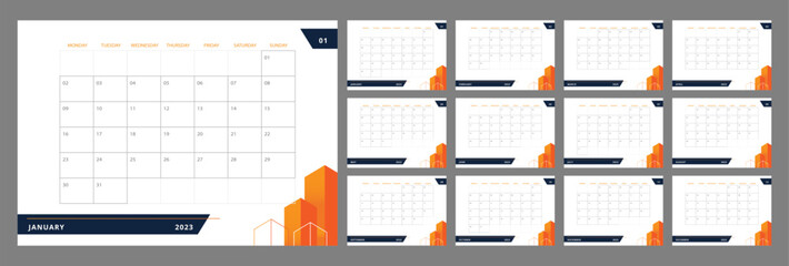 Urban infrastructure development desk calendar design template for 2023 year. Editable 12 months pages set. Week starts on Sunday. Monthly custom schedule pack ready for print. Open Sans font used