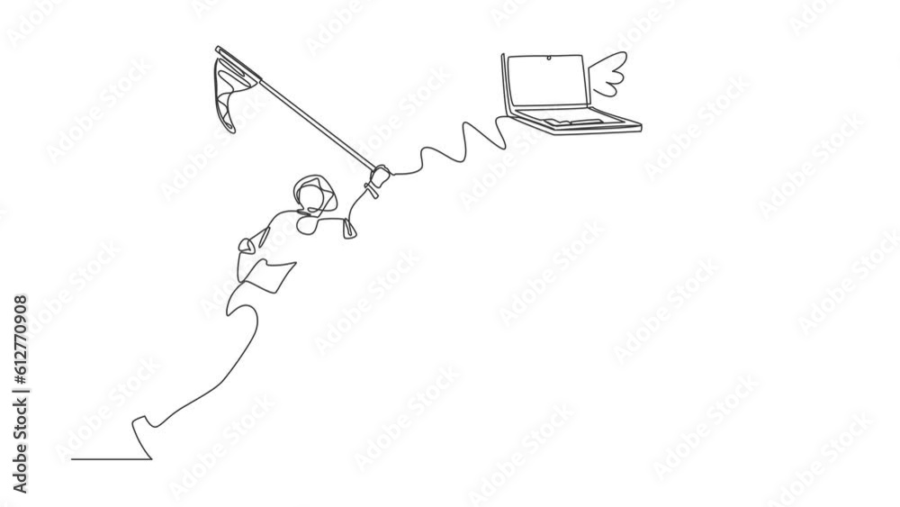Poster animated self drawing of continuous line draw robot try to catching flying laptop with net. system d