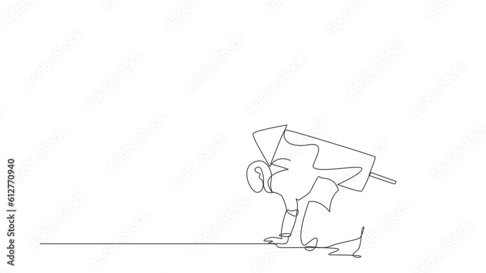 Poster animated self drawing of continuous line draw robot with rocket on back stand on start ready for bus
