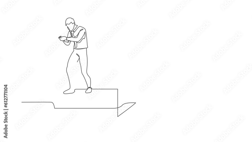 Poster animated self drawing of continuous line draw businessman standing on firework rocket trying to set 